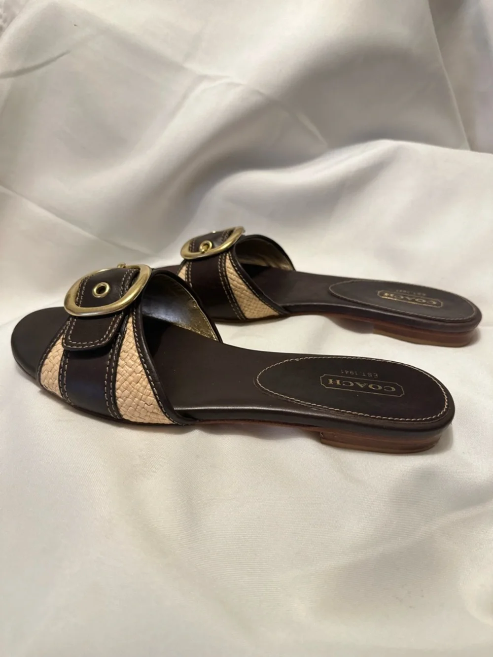 COACH Brown & Beige Leather Buckle Woven Flat Slide Sandals Size: 8.5